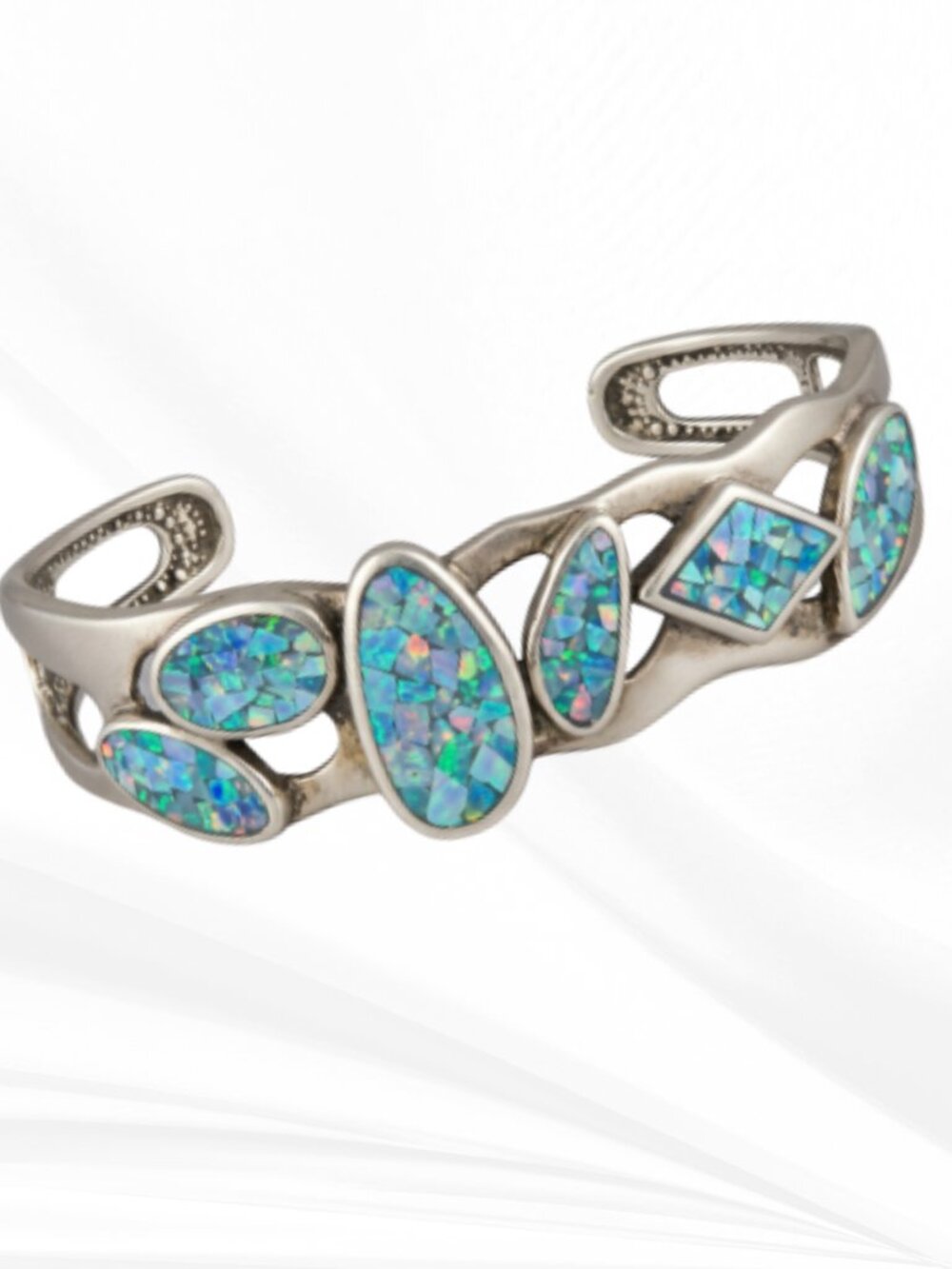 Whitney Kelly Sterling Silver Mosaic Blue Fire Opal Cuff Bracelet 7-8"